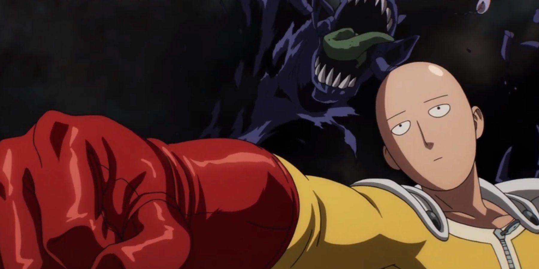 One Punch Man punching a monster with a bored look on his face.