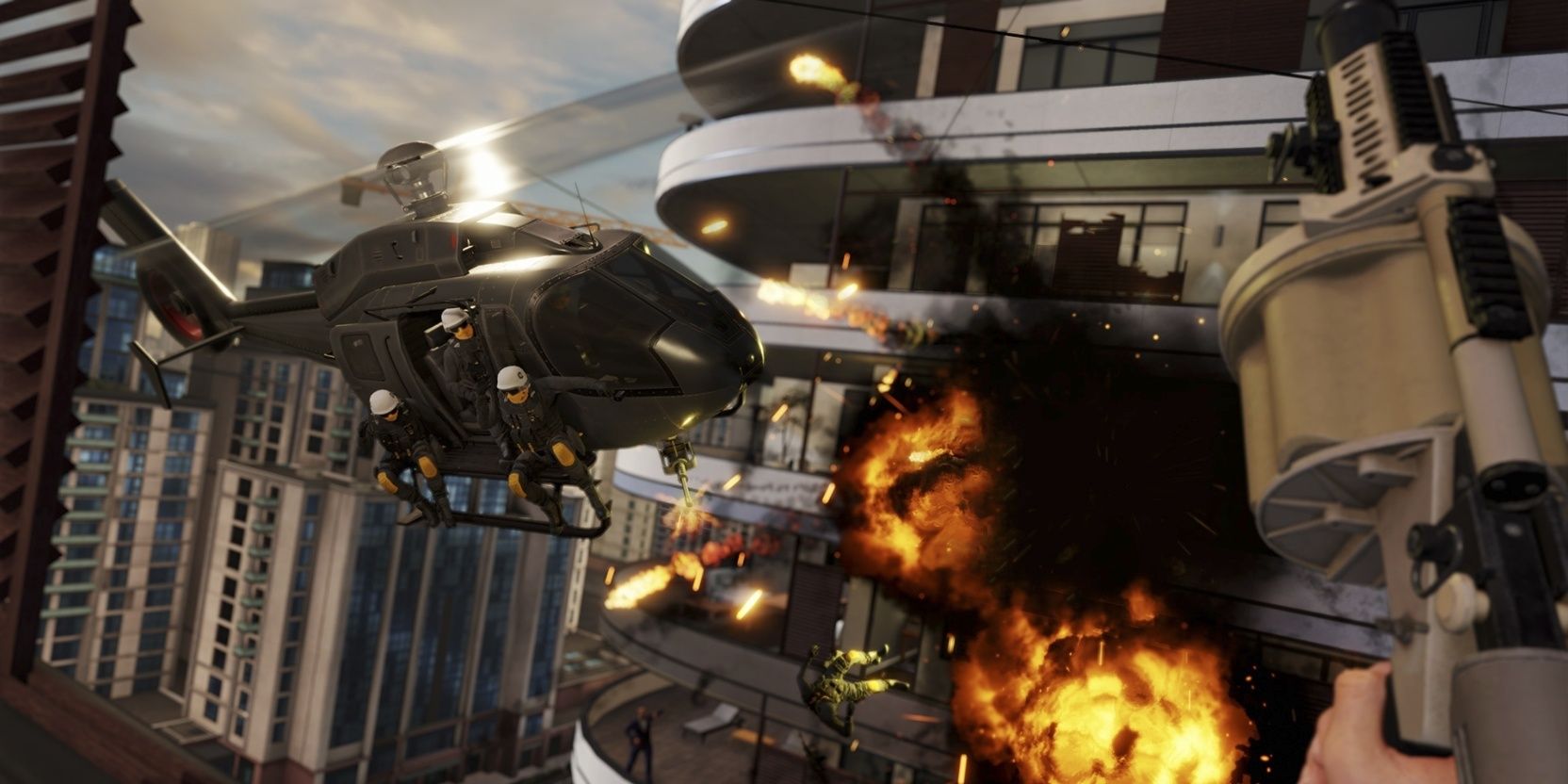 The player shooting down a helicopter in Blood & Truth