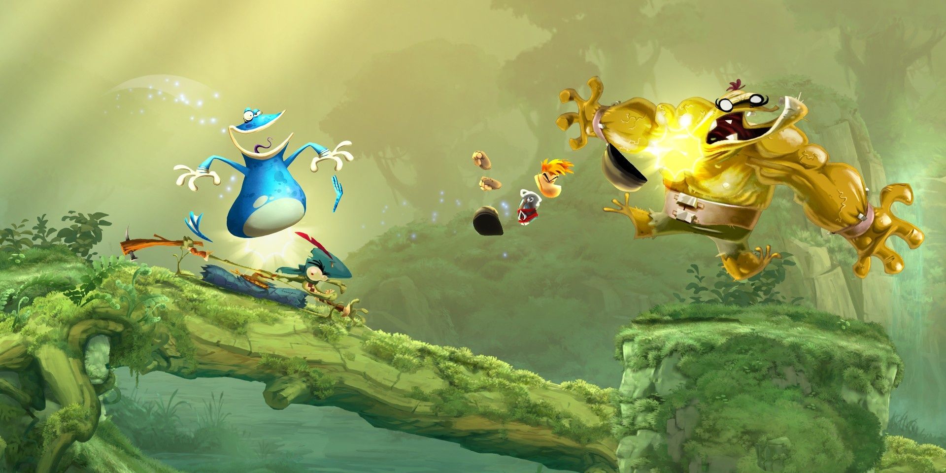 Rayman beating up bad guys in Rayman Legends