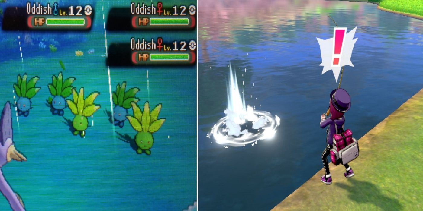 Pokemon split image Generation 6 horde encounter Generation 8 fishing