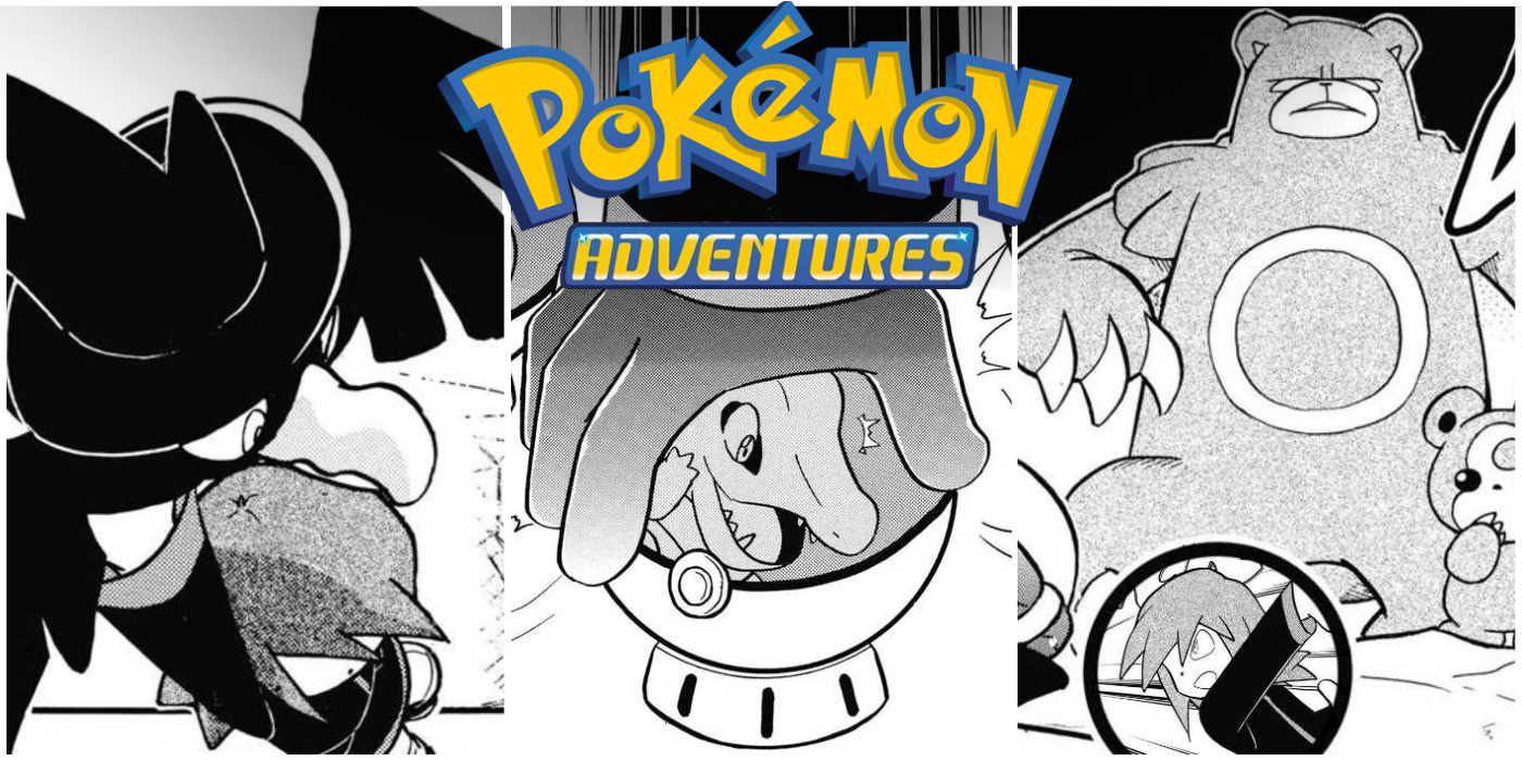 Pokemon Adventures Manga Silver, Murkrow (left), Totodile in Pokeball (Center), Ursaring (Right)