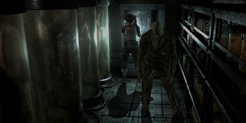 Resident Evil 0 Rebecca Standing Behind Leech Man