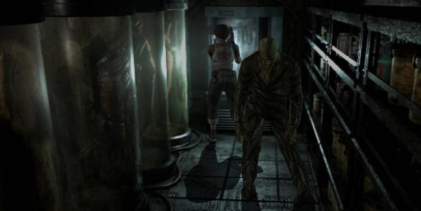 Resident Evil 0 Rebecca Standing Behind Leech Man