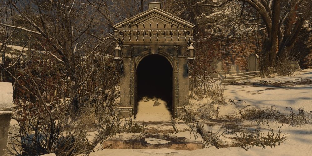 Resident Evil Village Graveyard tomb with slab half