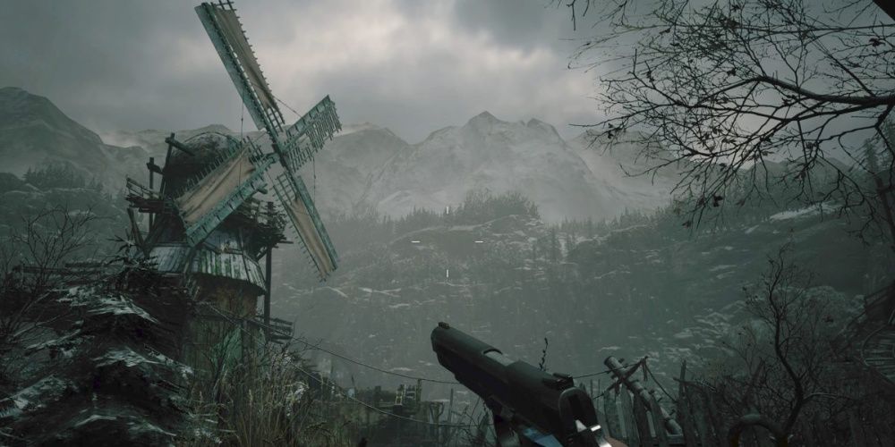 Resident Evil Village Ethan Looking at Windmill in the Resevoir