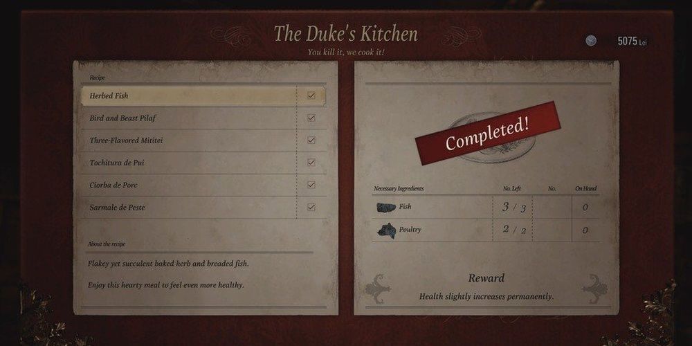 Resident Evil Village Duke's Kitchen Menu