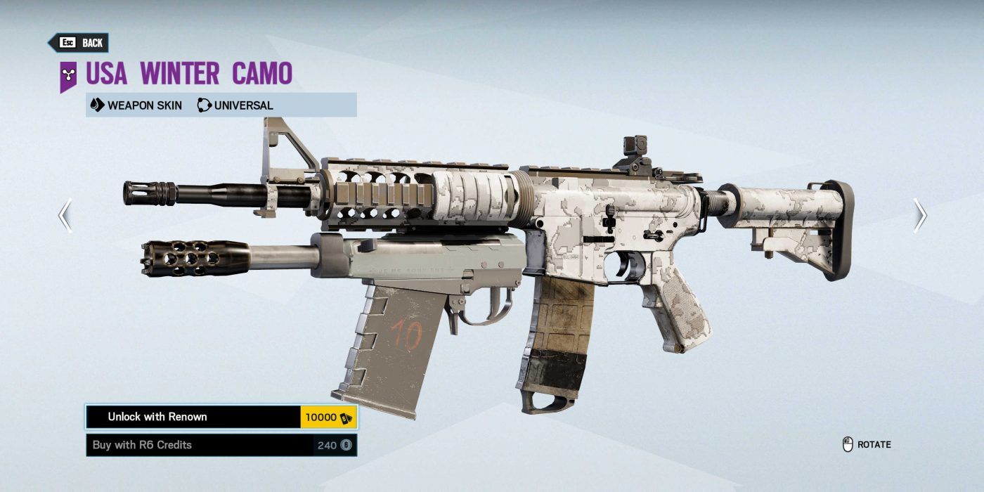 Rainbow Six Siege: Buck's C8-SFW Winter Camo Weapon Skin, Seen in the Shop's Weapon Customization Menu
