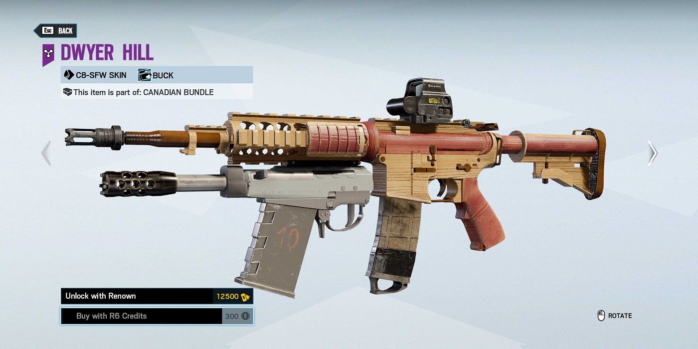 Rainbow Six Siege- Buck's C8-SFW Buck Dwyer Hill Weapon Skin, Seen in the Shop's Weapon Customization Menu