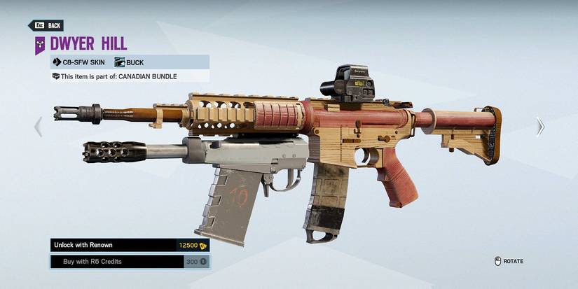 Rainbow Six Siege- Buck's C8-SFW Buck Dwyer Hill Weapon Skin, Seen in the Shop's Weapon Customization Menu