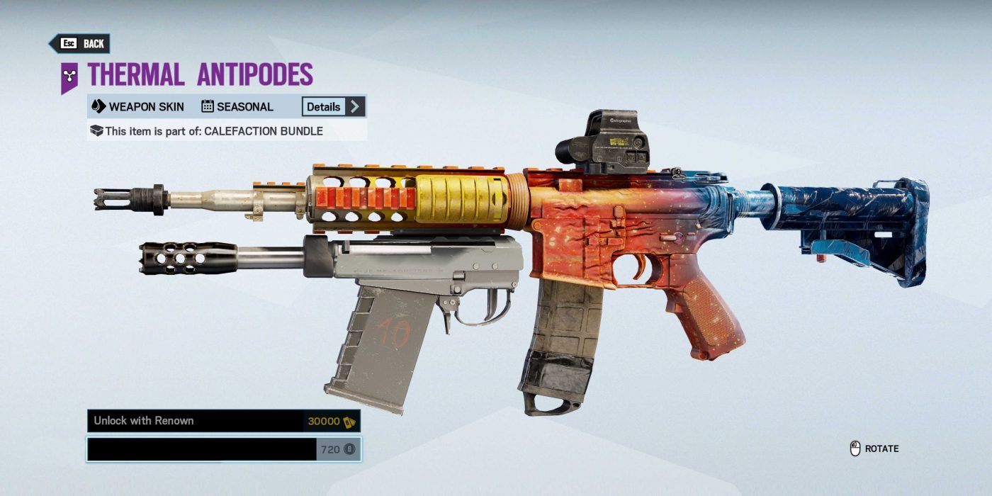 Rainbow Six Siege: Buck's C8-SFW Thermal Antipodes Weapon Skin, a Seasonal Skin as Seen in the Shop's Weapon Customization Menu