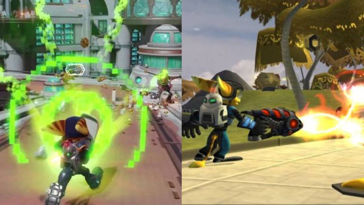 Ratchet and Clank split image Ratchet firing Pixelizer and Sheepinator