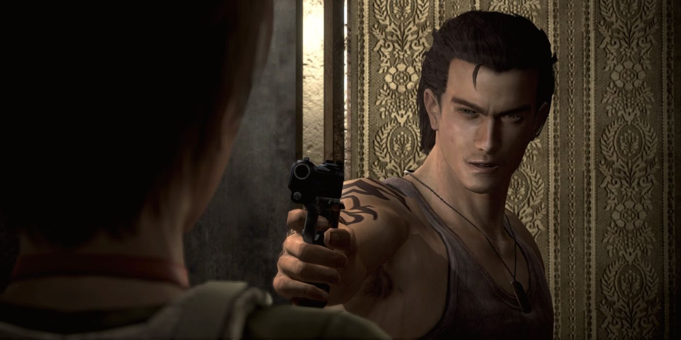 Resident Evil Zero Screenshot Of Billy Coen Pointing Gun at Rebecca