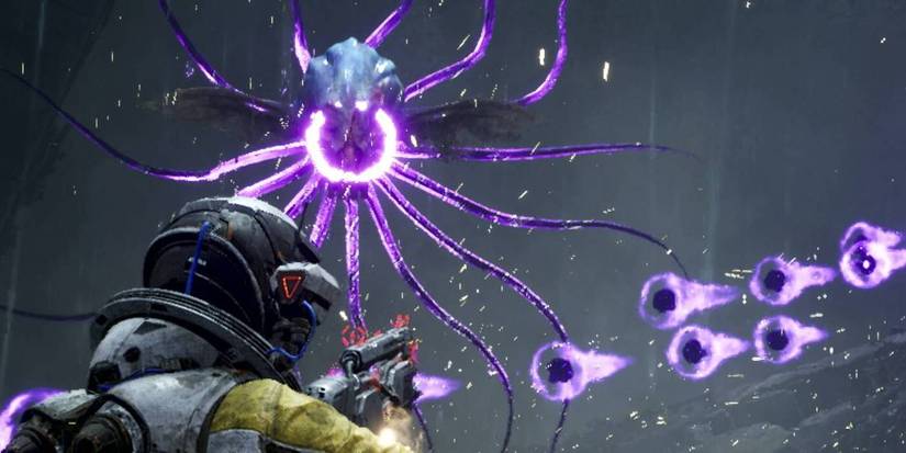 A purple creature attacks the player