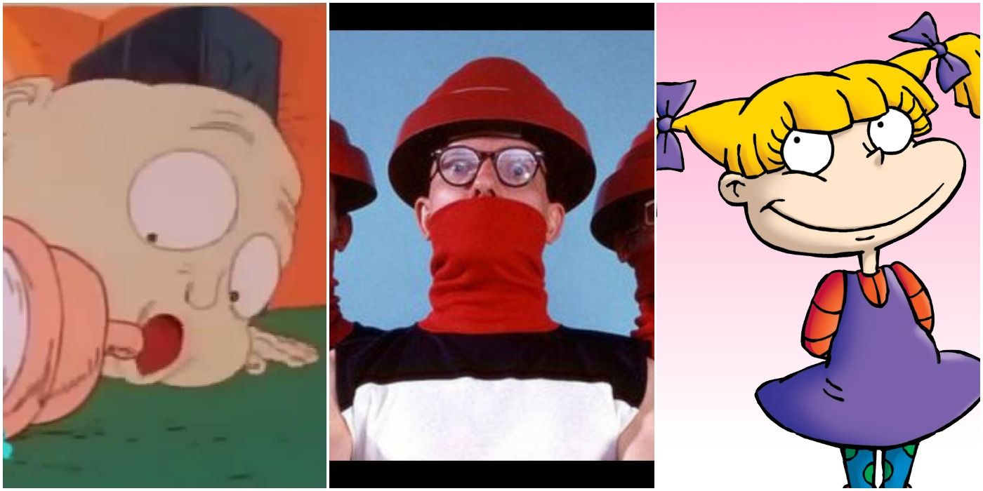 Characters from Rugrats (left and right); the band Devo (center)