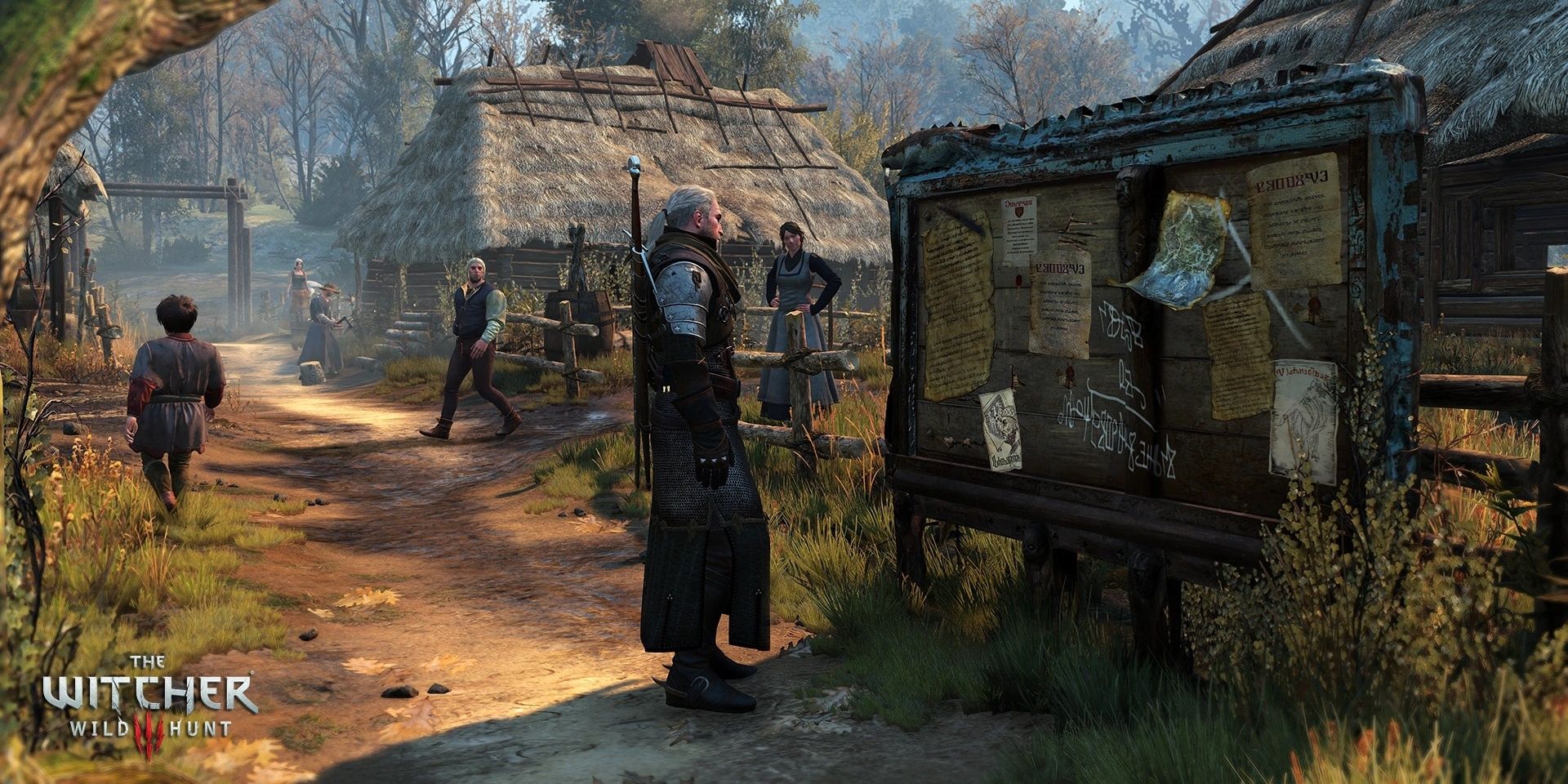 Geralt Inspecting A Notice Board From The Witcher 3