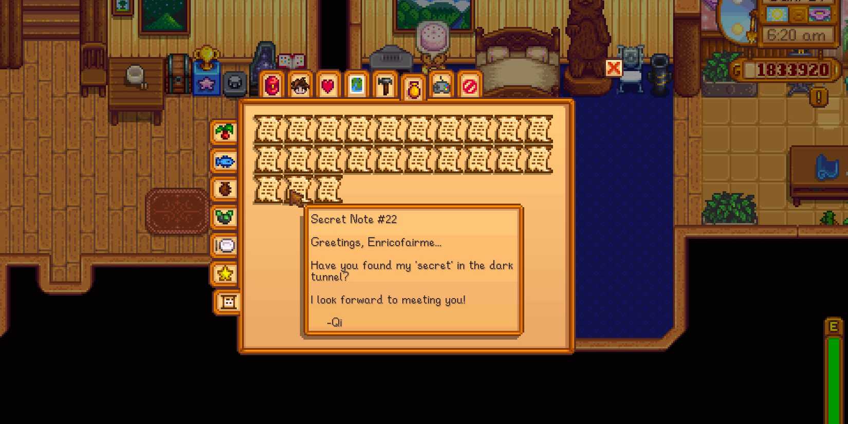 player's menu full of secret notes.