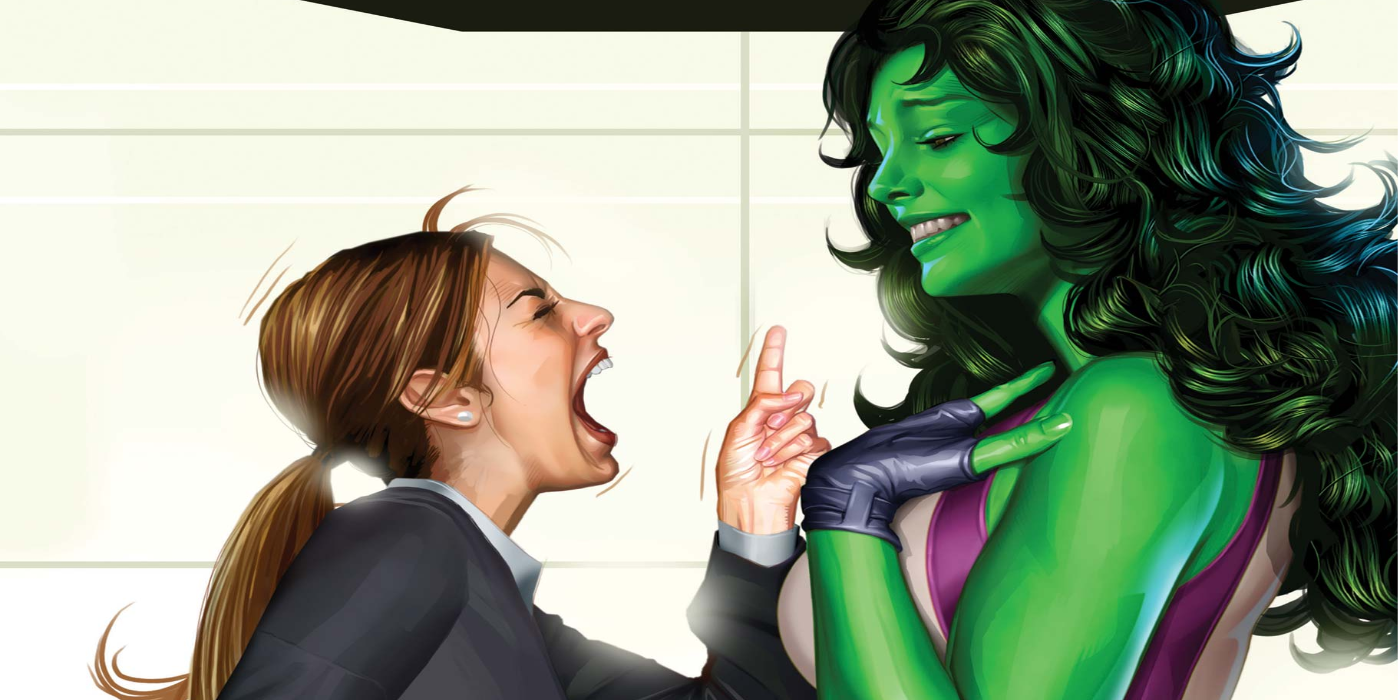 A business woman yells at She-Hulk, who can't be bothered.