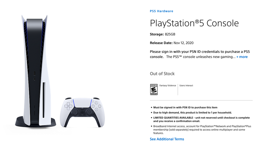 A screenshot of the PlayStation store showing the console as sold out