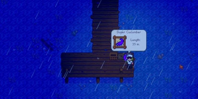 Stardew Valley fisher catching a super cucumber