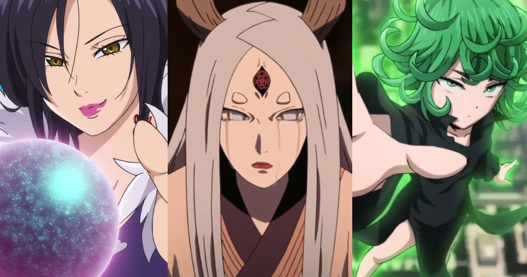 Split image: Merlin, Kaguya Otsutsuki, and Tatsumaki