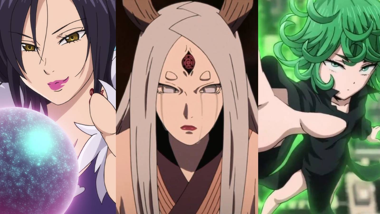 Split image: Merlin, Kaguya Otsutsuki, and Tatsumaki