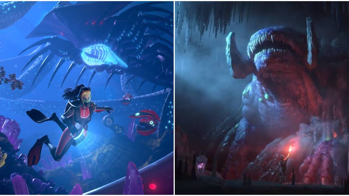 Subnautica Below Zero - (Left) Shadow Leviathan approaching the player (Right) Frozen Leviathan