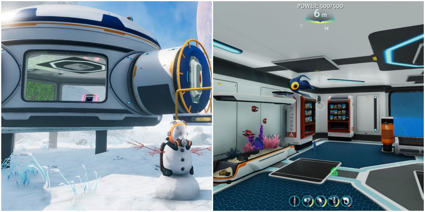 (Left) Arctic base in Subnautica: Below Zero (Right) Inside of a base with vending machines