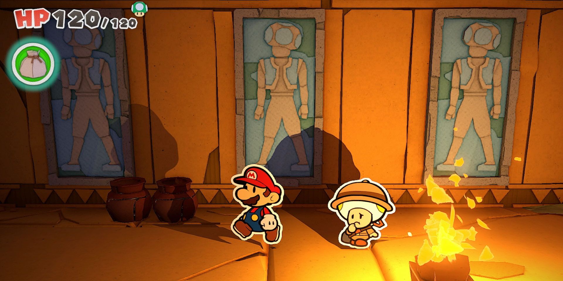 Mario and Professor Toad in a temple in Paper Mario: The Origami King