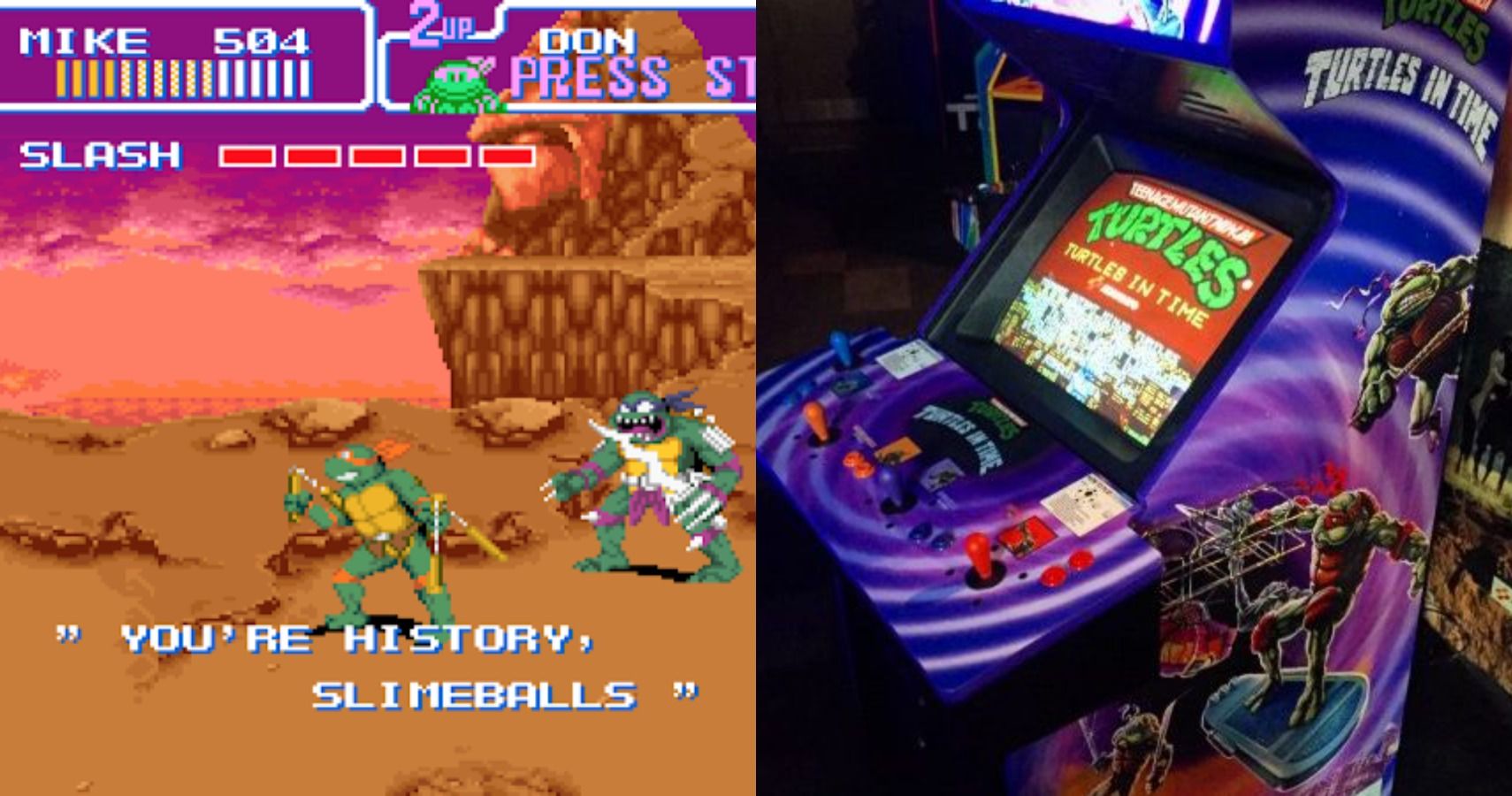 TMNT Turtles in Time Arcade SNES Differences Slash arcade machine split image