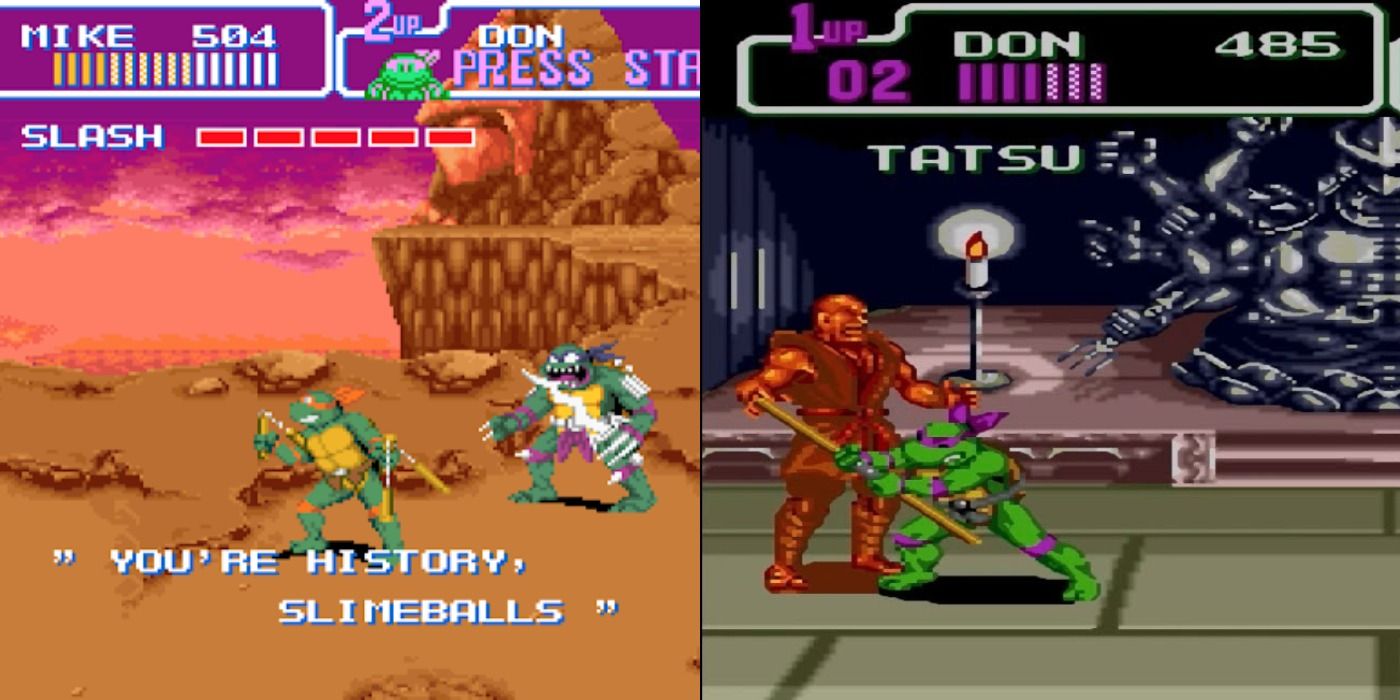 TMNT Turtles in Time Hyperstone Heist Босс Слэш Тацу сражается с разделенным экраном