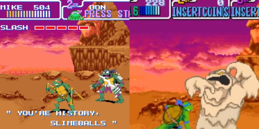 TMNT Turtles in Time SNES arcade Prehistoric Turtlesaurous Cement Man Slash split image