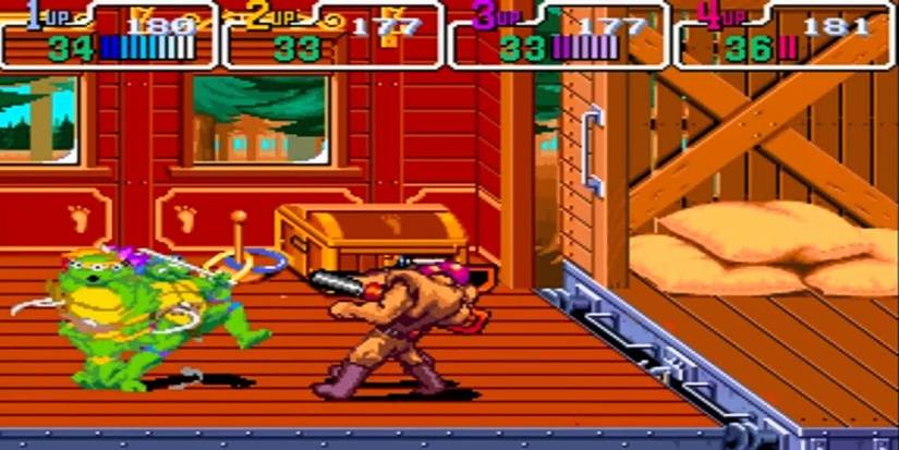 TMNT Turtles in Time arcade Turtles tied up with enemy on train