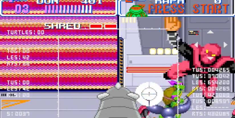 TMNT Turtles in Time throwing red foot soldier at Shredder in battle tank