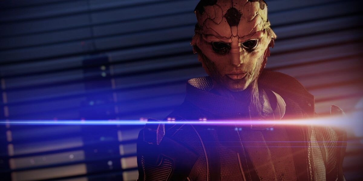 Thane stands in front of a lens flare in Mass Effect 2
