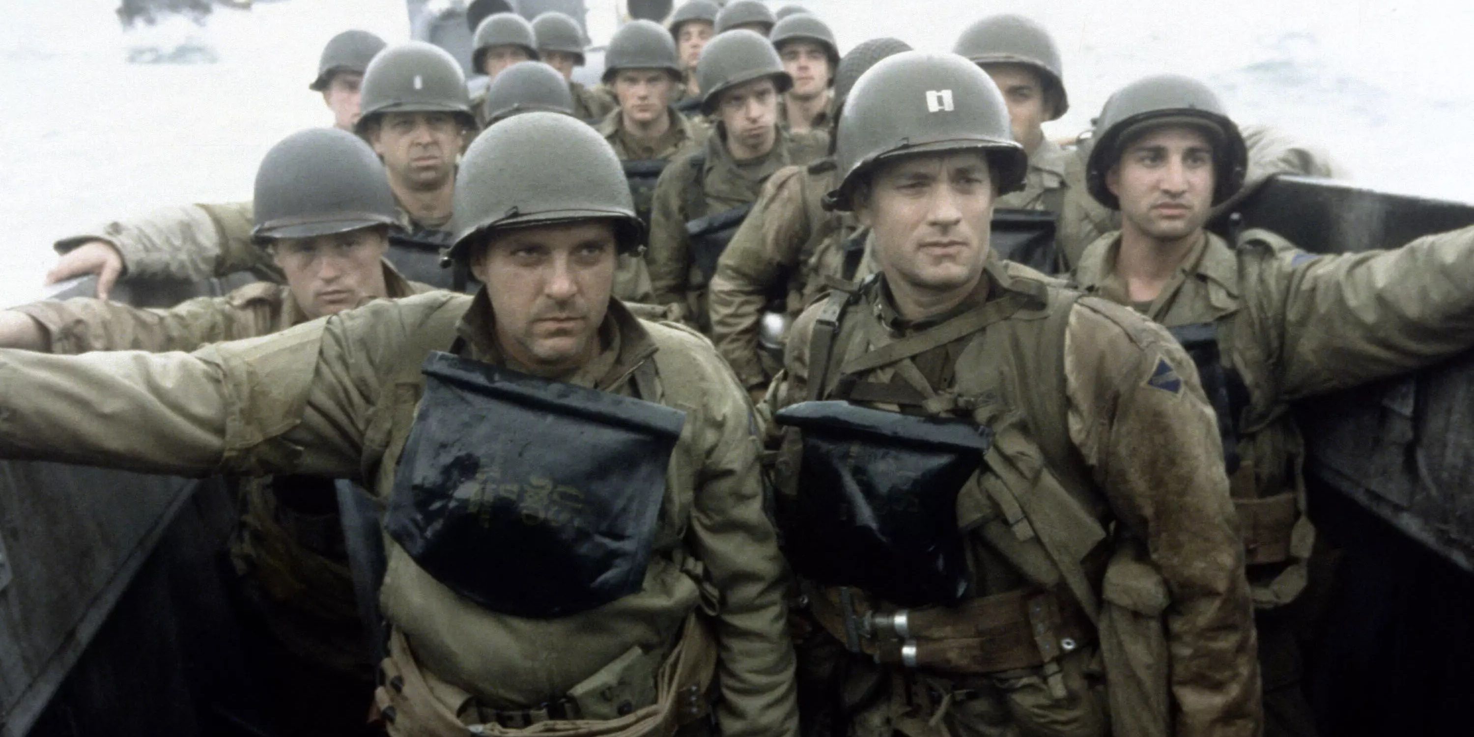 The soldiers arrive on the beaches of Normandy in Saving Private Ryan