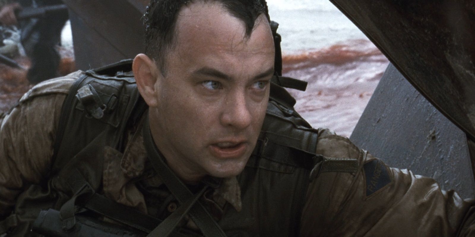 Tom Hanks on the beach in the D-Day scene in Saving Private Ryan