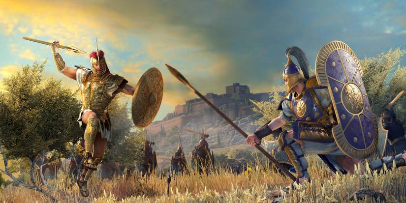 Two Men Wielding Shields and Spears Locked in a Duel