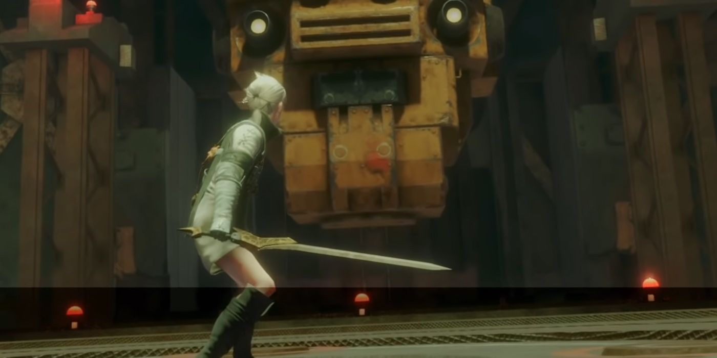 Nier Replicant: Nier Confidently Holding A One-Handed Sword Against The Machine Boss