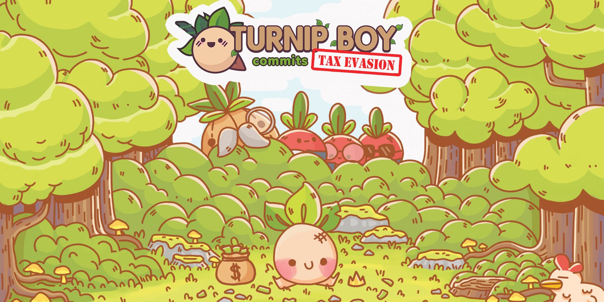 Turnip Boy Commits Tax Evasion Title Screen in the forest