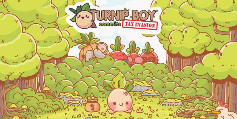 Turnip Boy Commits Tax Evasion Title Screen in the forest