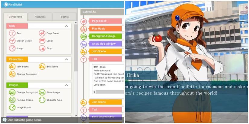 Left: TyranoBuilder Interface Right: A visual novel screen