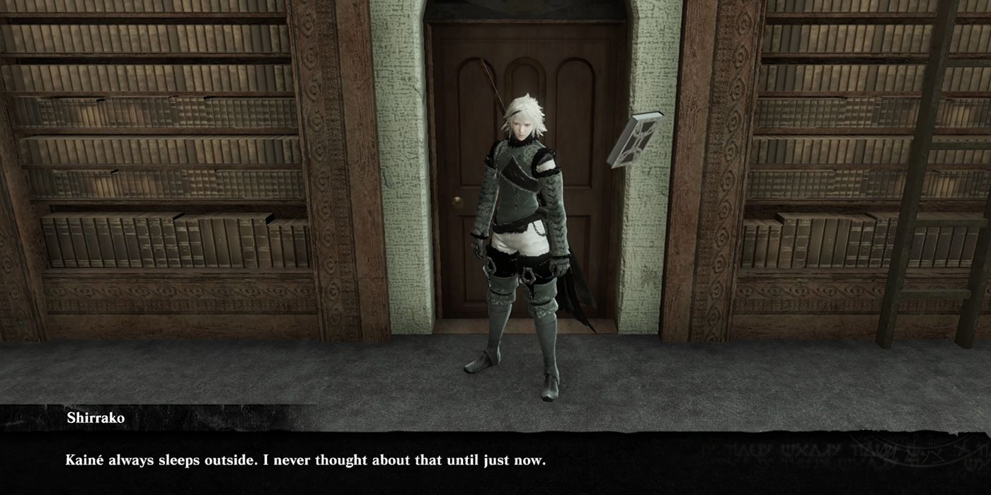 Nier Replicant: A Screenshot From The Scene Where Nier Figures Out Kaine &amp; Emil Sleep Outside The Village
