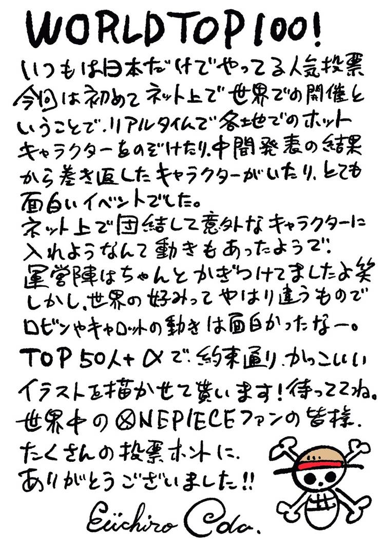 Eiichiro Oda Letter For WT100 Results