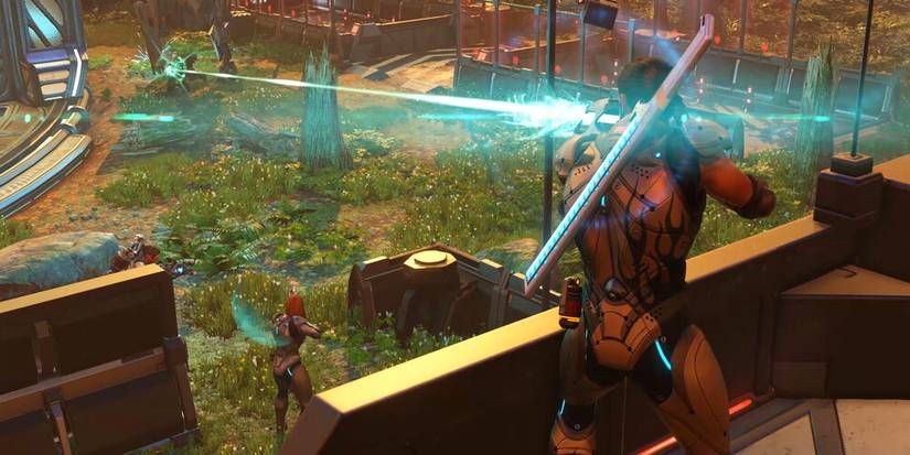 ranger class soldier firing a rifle from a height advantage.