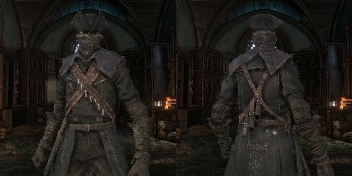Front and back of Yharnam Hunter set Bloodborne