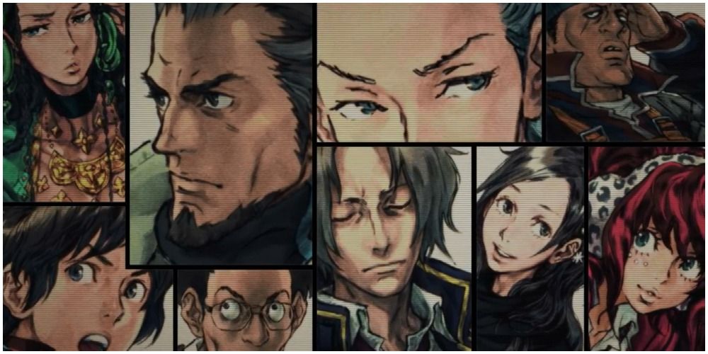Close up on nine character's faces