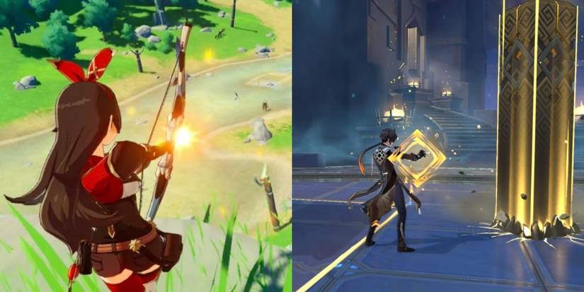 genshin impact amber bow pyro zhongli pillar domain split image