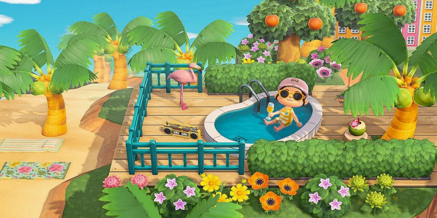animal crossing new horizons player in pool