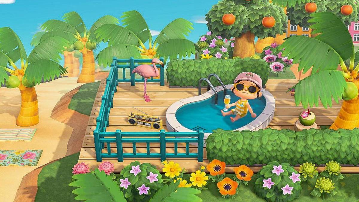 animal crossing new horizons player in pool