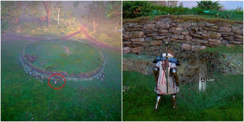 eivor about to collect the treasure on the side of the burial mound.